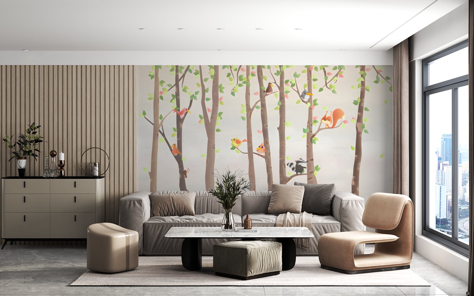 Фотошпалери високі дерева з лісовими мешканцями