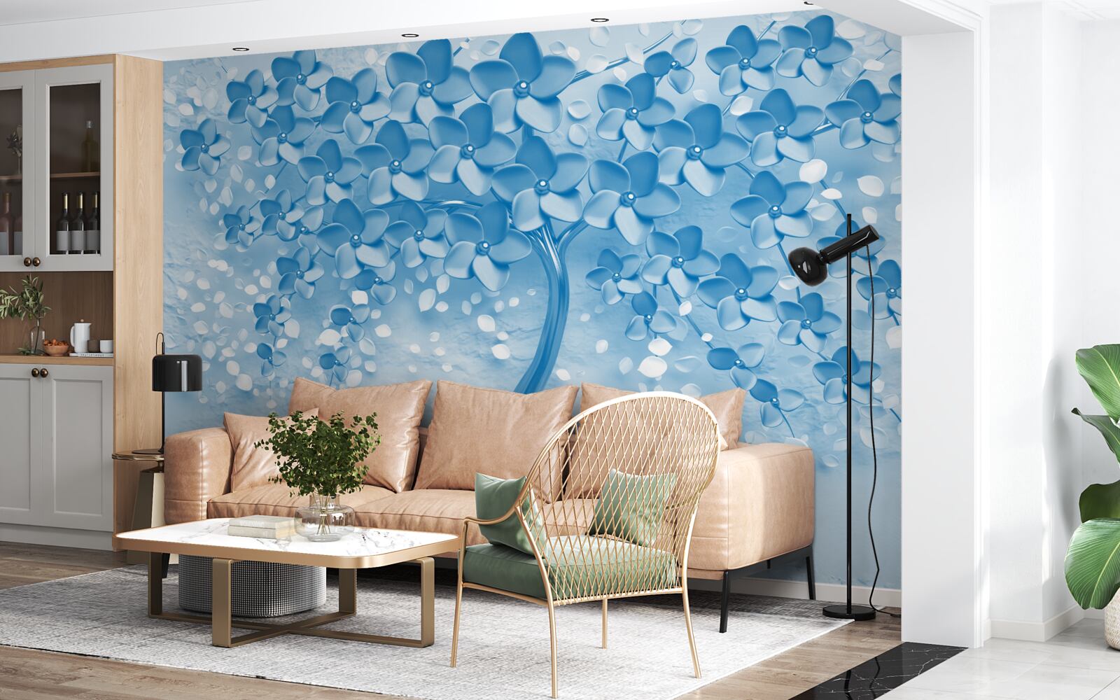 Фотошпалери велике синє дерево з квітами