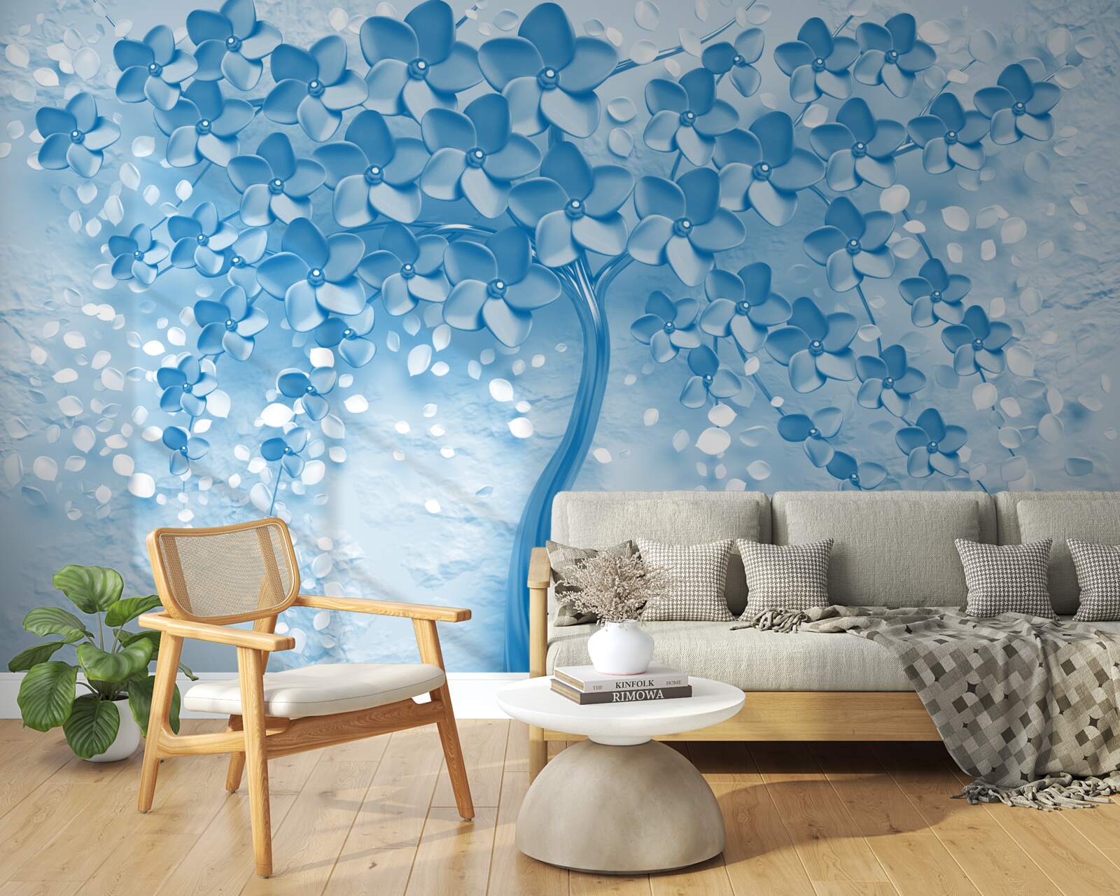 Фотошпалери велике синє дерево з квітами