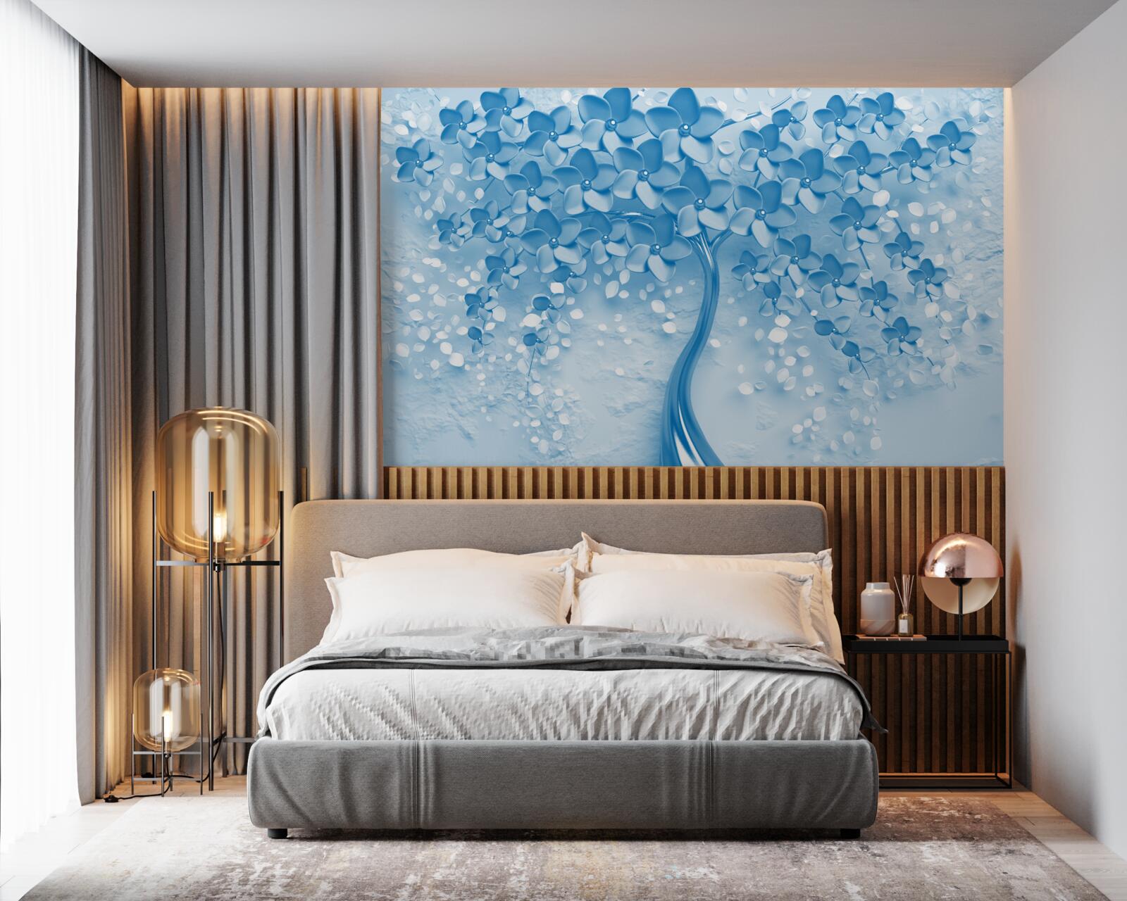 Фотошпалери велике синє дерево з квітами