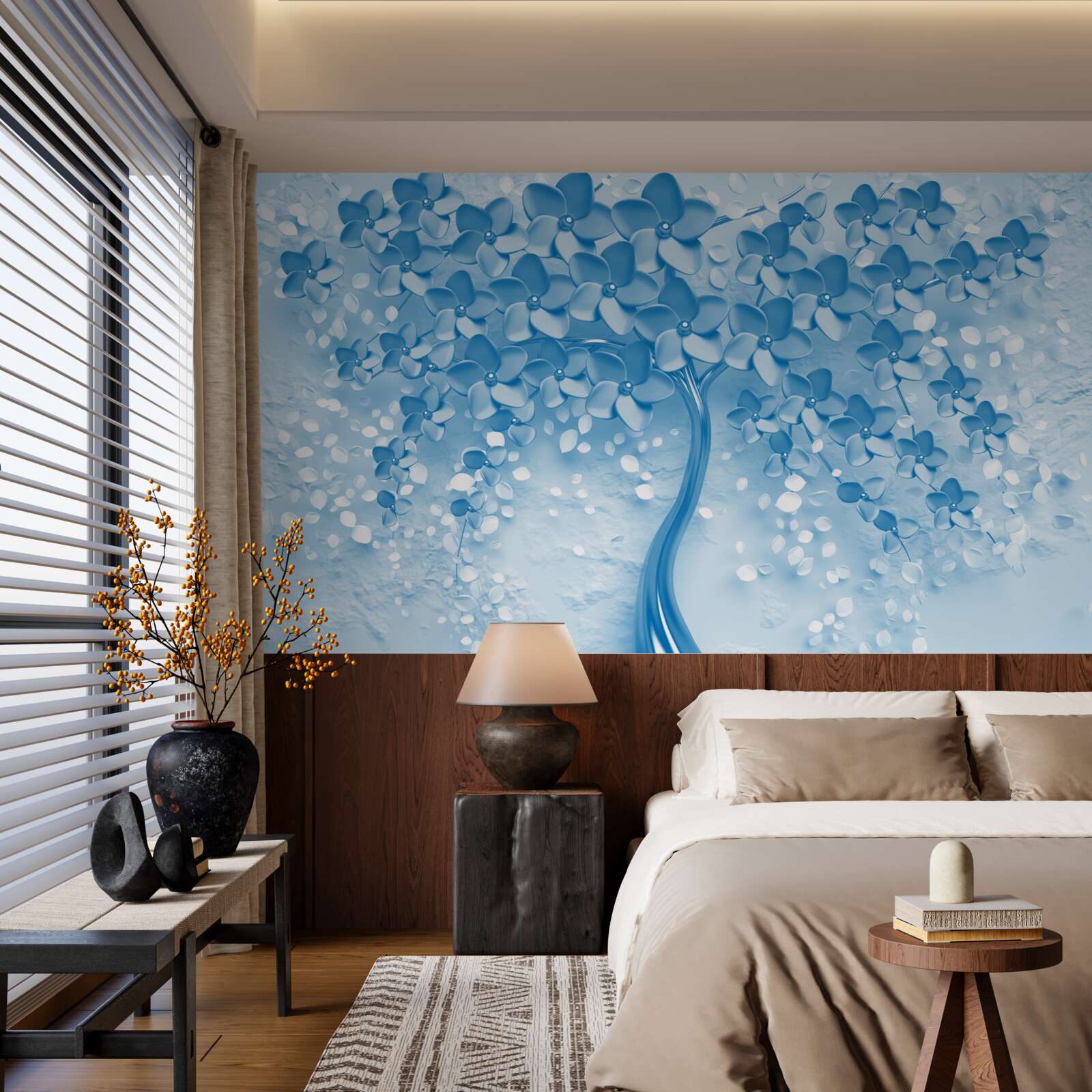 Фотошпалери велике синє дерево з квітами