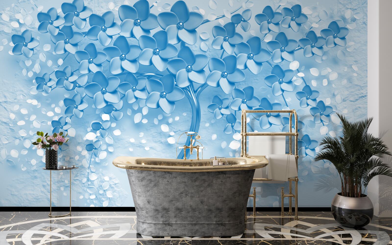 Фотошпалери велике синє дерево з квітами