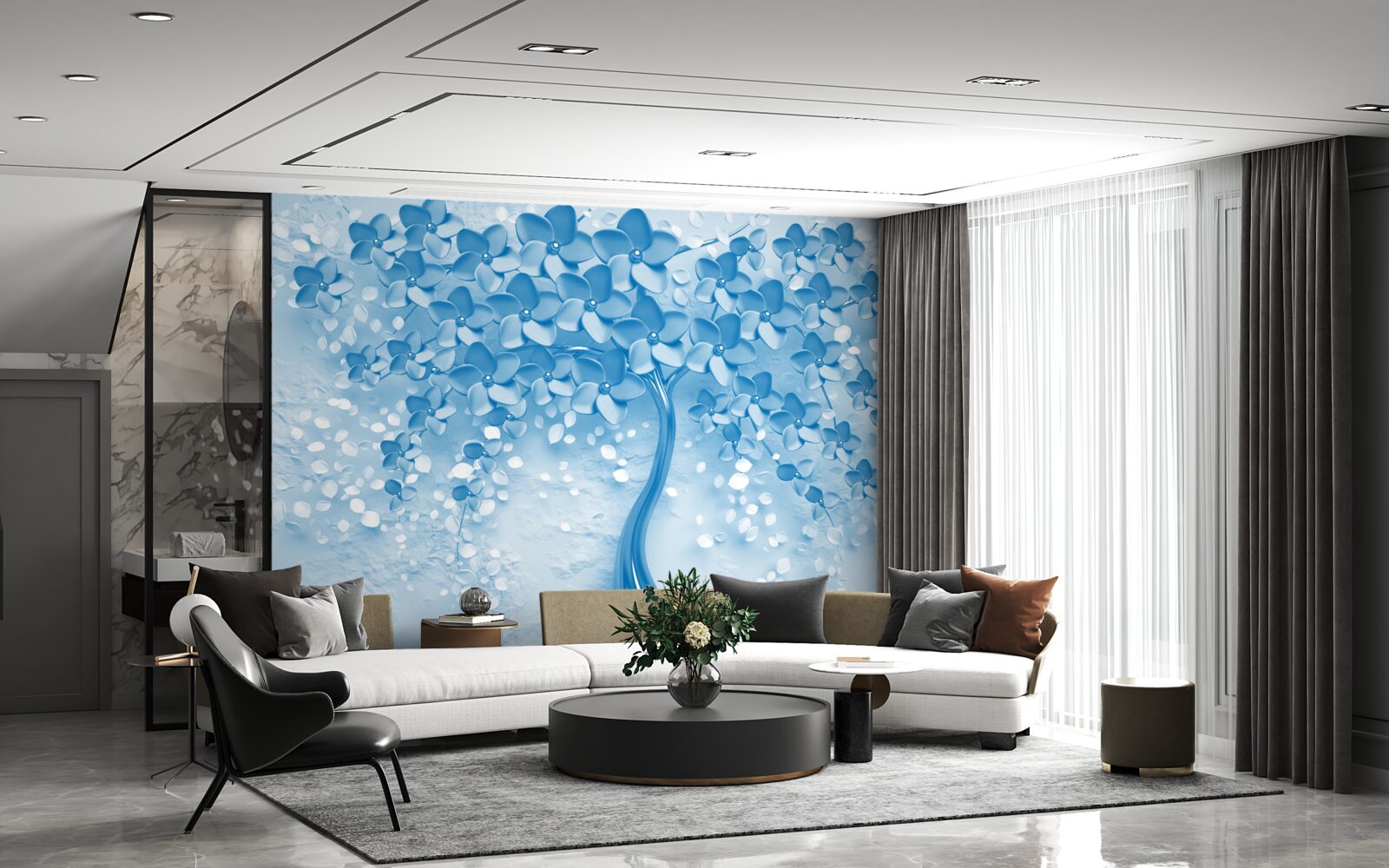 Фотошпалери велике синє дерево з квітами