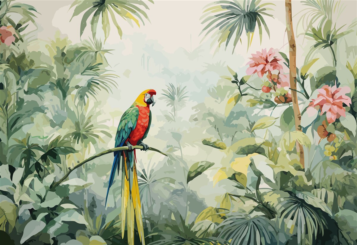 Фотошпалери пишні смарагдові кущі та папуга