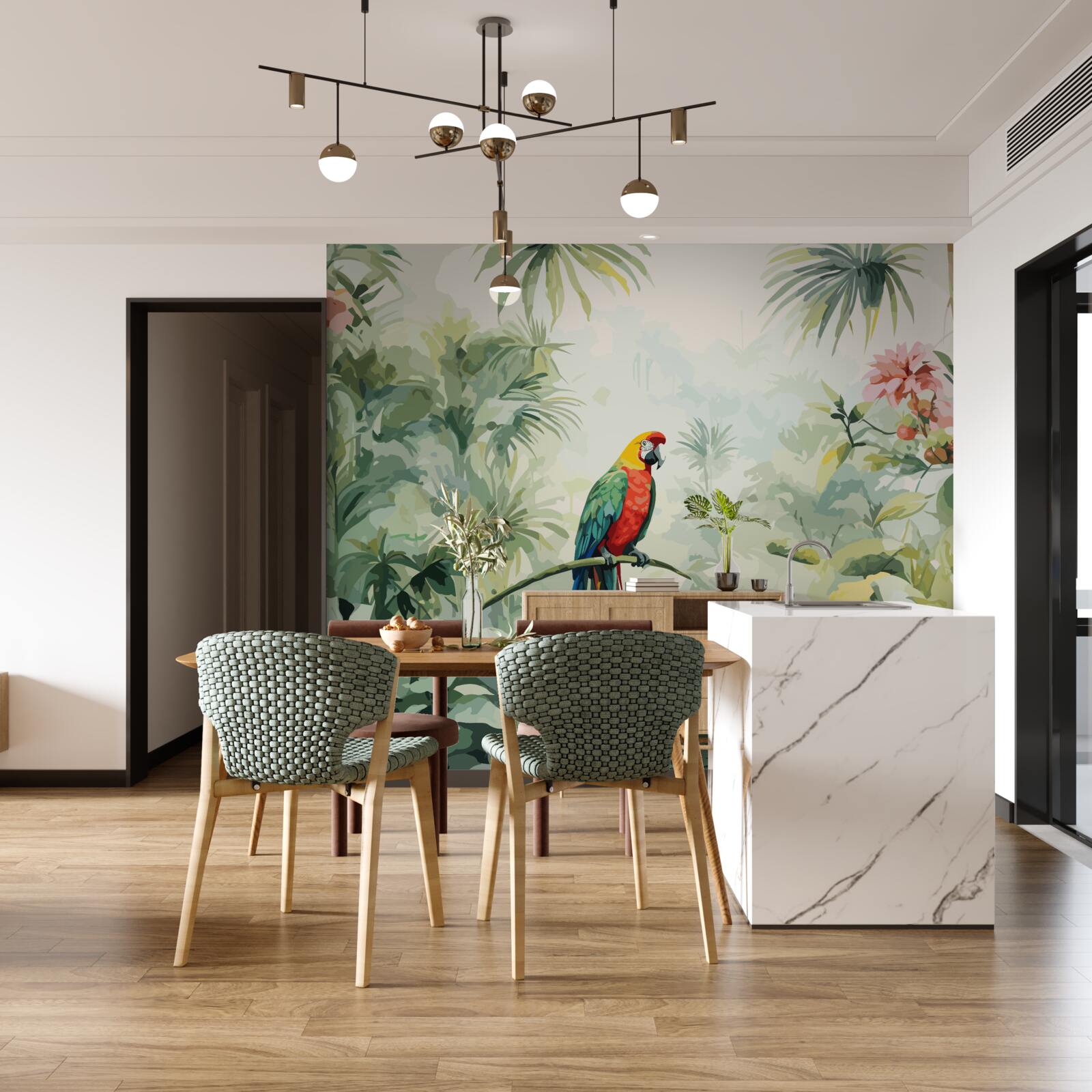 Фотошпалери пишні смарагдові кущі та папуга