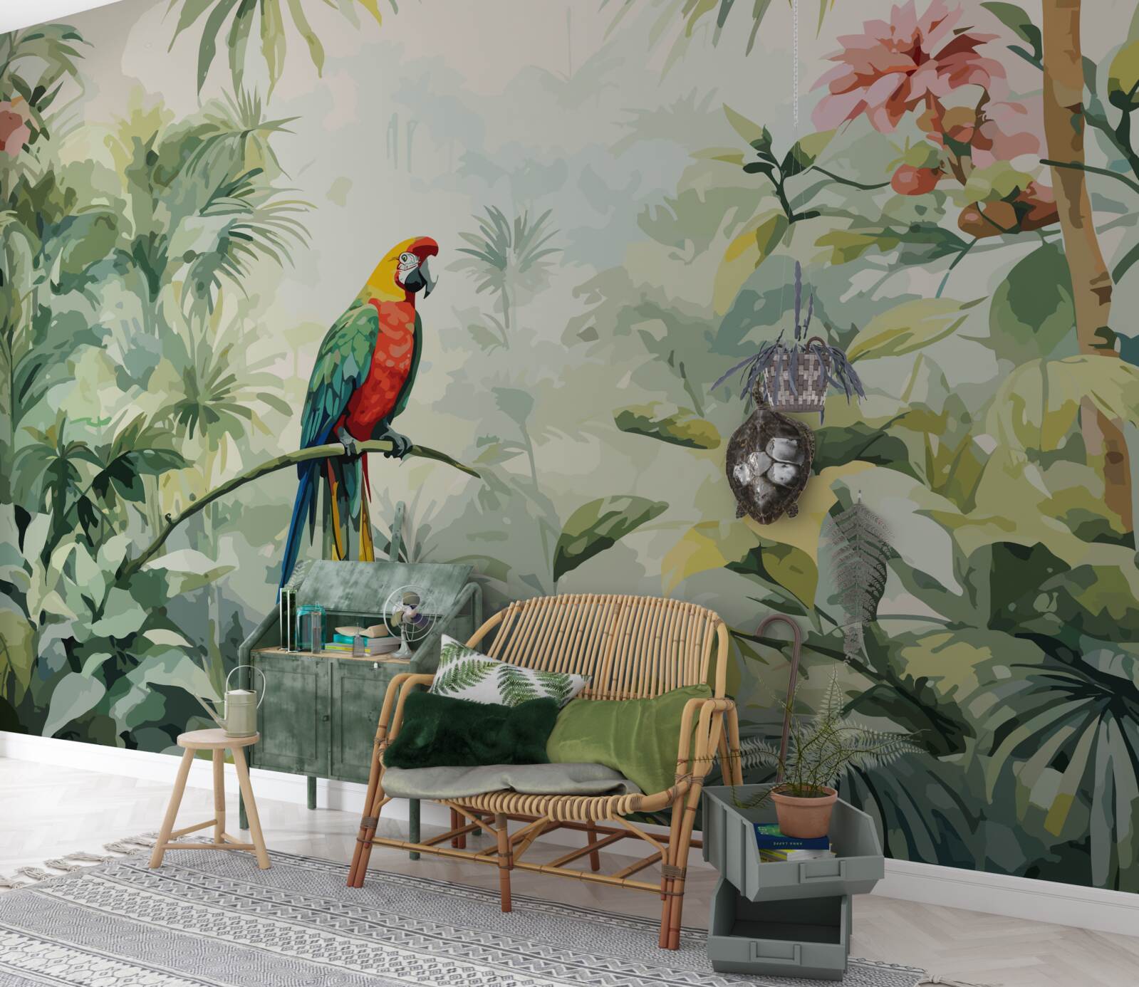 Фотошпалери пишні смарагдові кущі та папуга