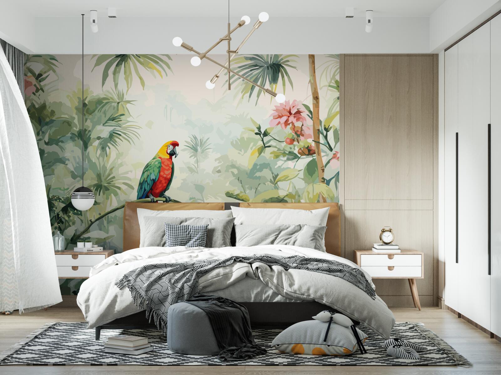 Фотошпалери пишні смарагдові кущі та папуга