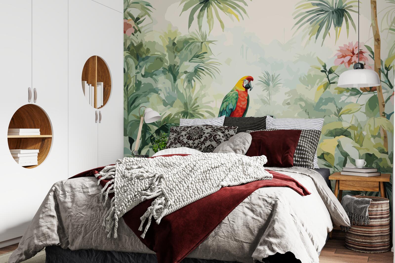 Фотошпалери пишні смарагдові кущі та папуга