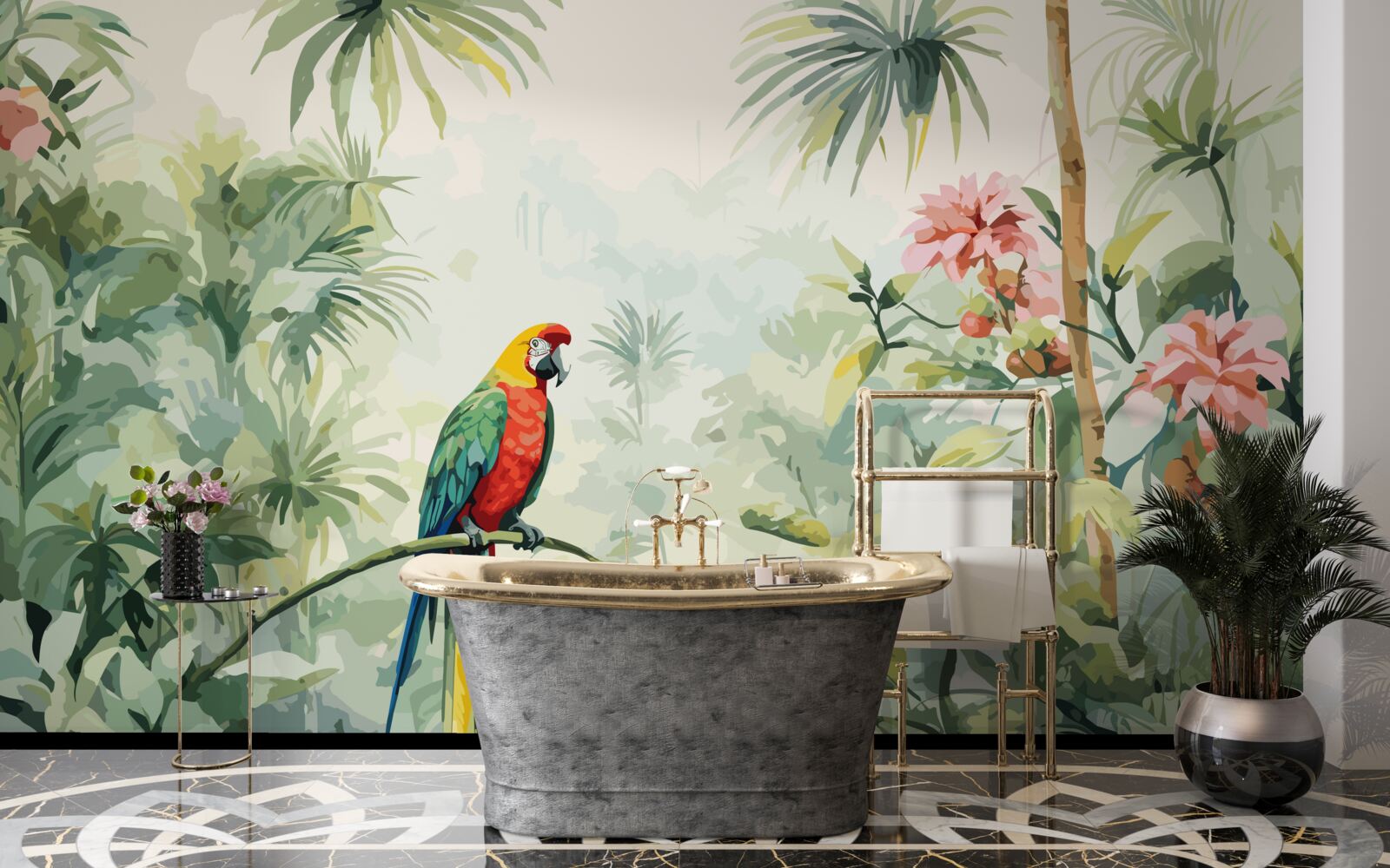 Фотошпалери пишні смарагдові кущі та папуга