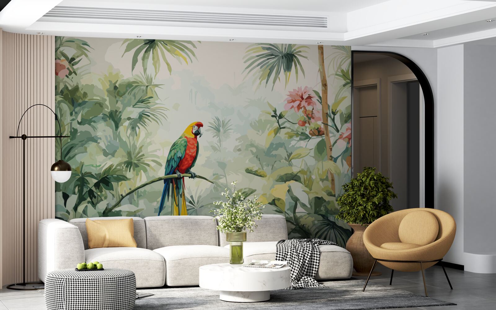 Фотошпалери пишні смарагдові кущі та папуга