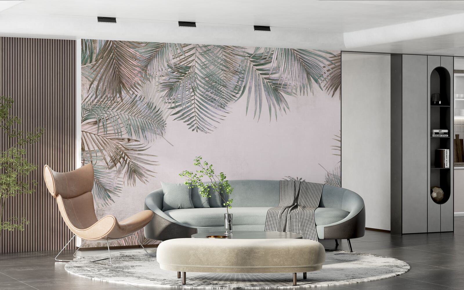 Фотошпалери пишне листя папороті на сірому тлі