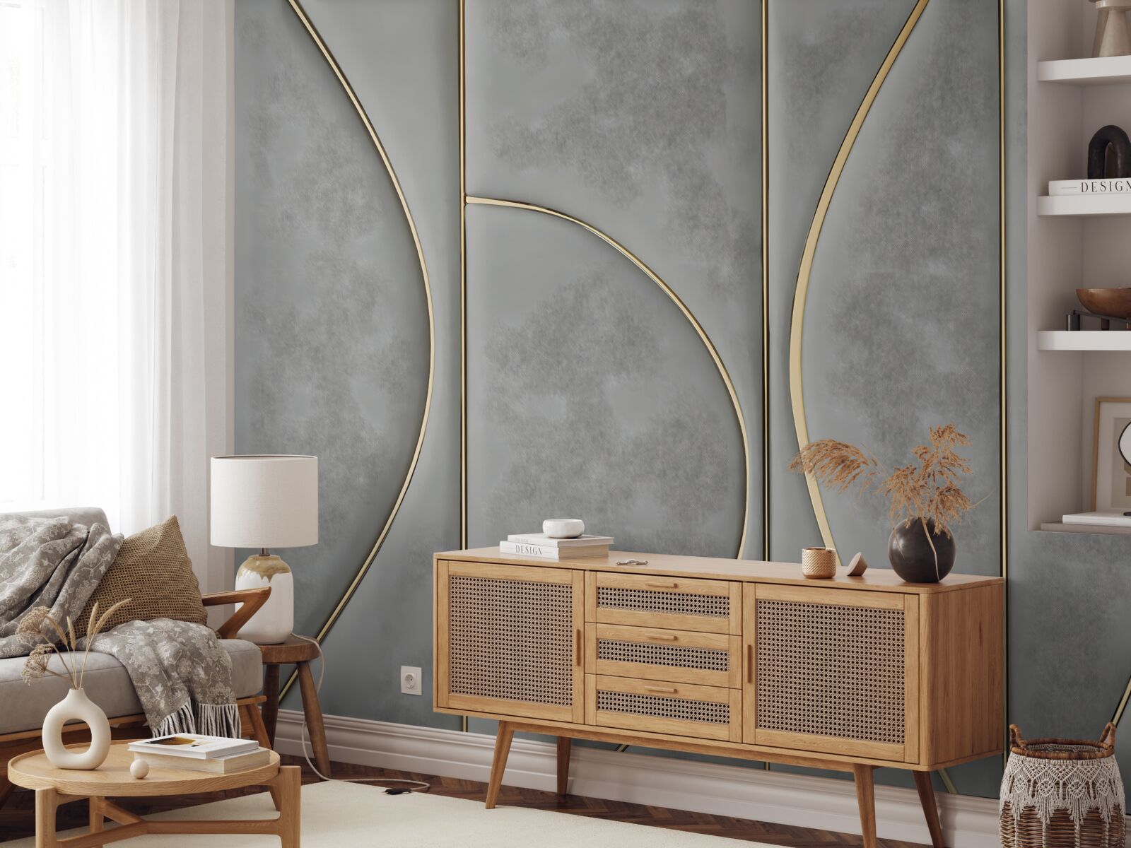 Фотошпалери сіра текстура з золотистими лініями