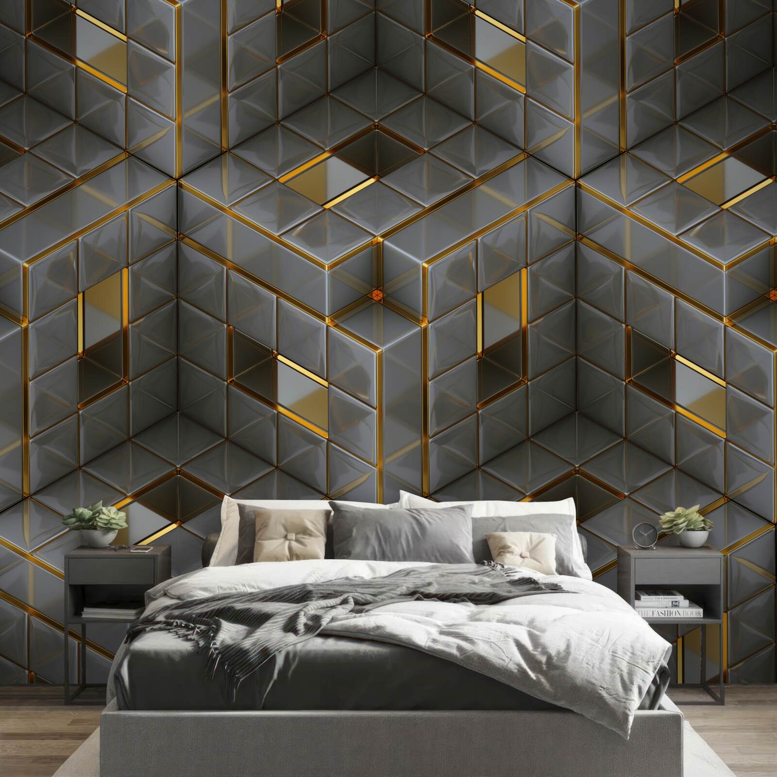 Фотошпалери 3d куби з золотими елементами