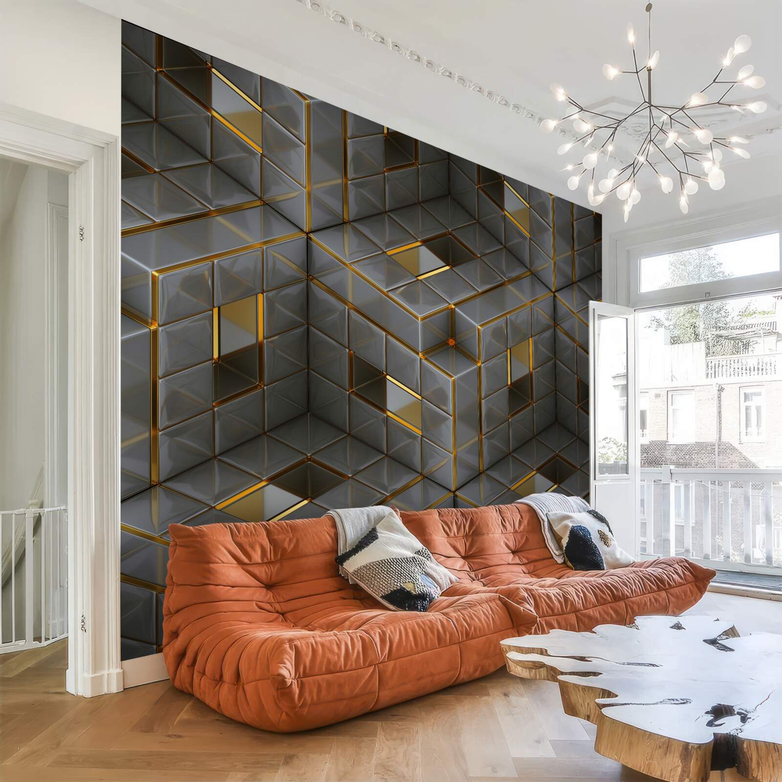 Фотошпалери 3d куби з золотими елементами