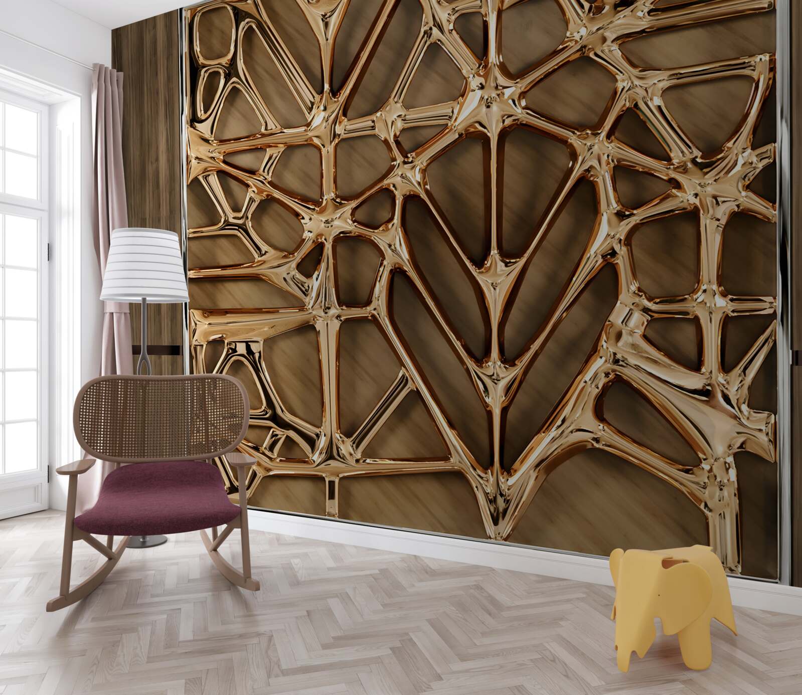 Фотошпалери абстрактні золоті лінії на дерев'яній поверхні