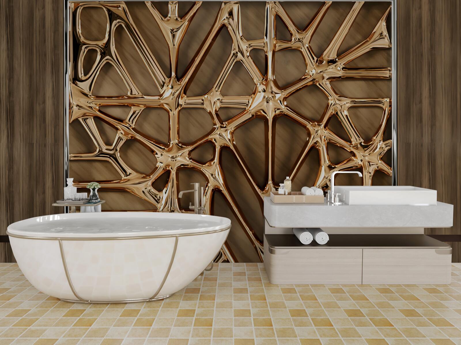 Фотошпалери абстрактні золоті лінії на дерев'яній поверхні