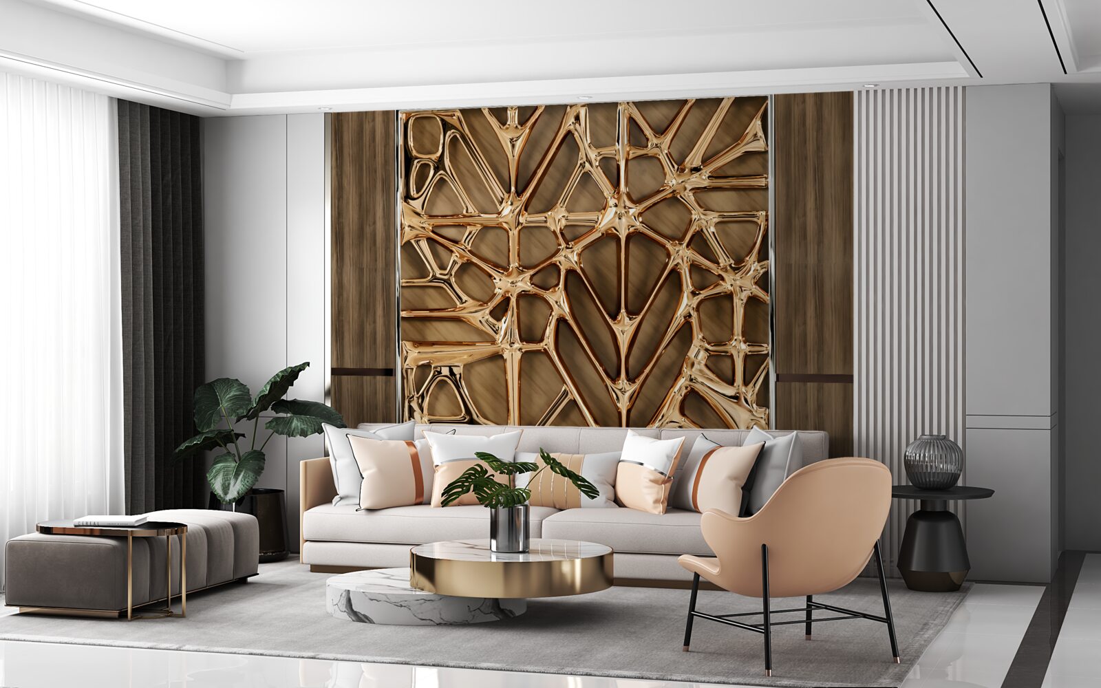 Фотошпалери абстрактні золоті лінії на дерев'яній поверхні