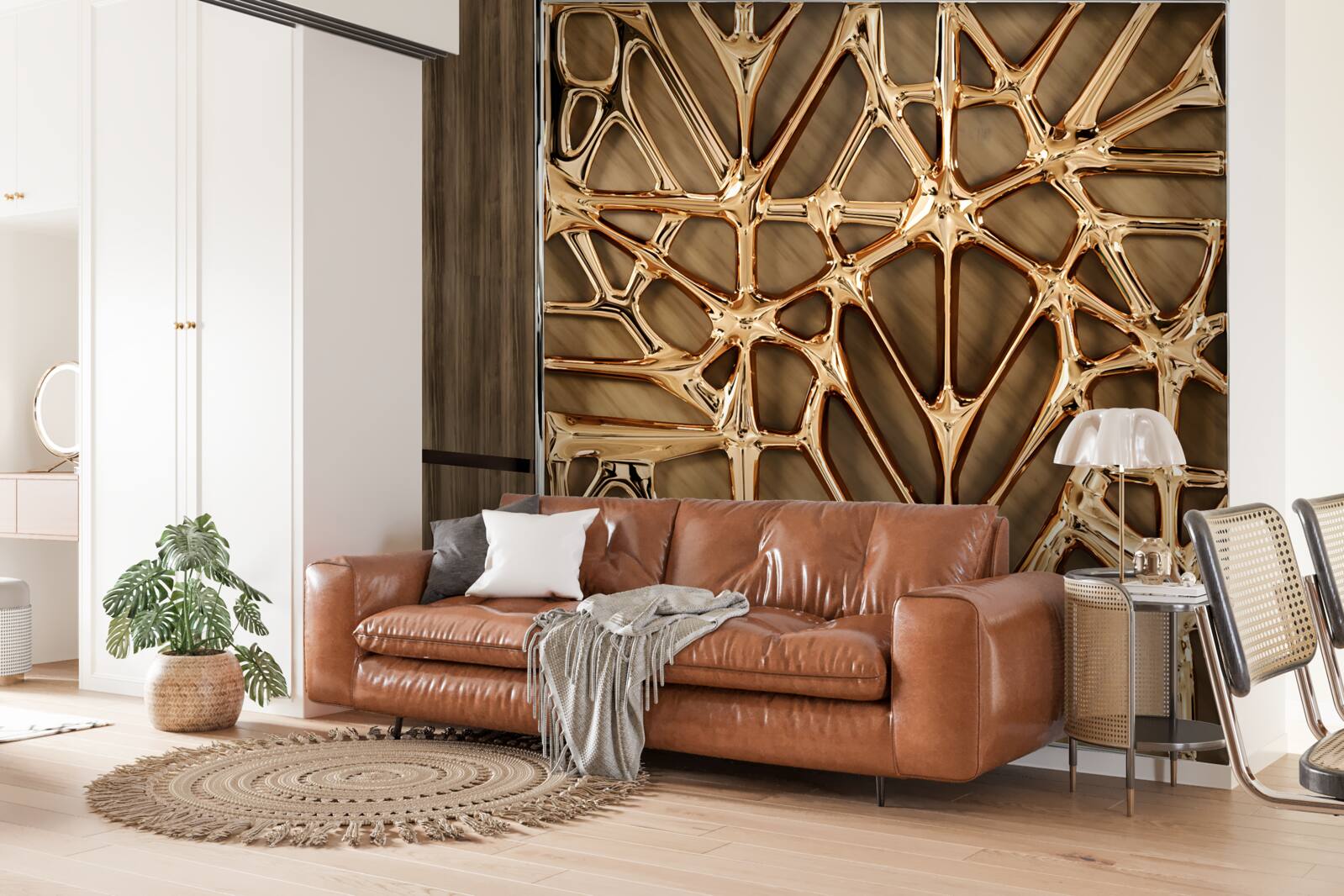 Фотошпалери абстрактні золоті лінії на дерев'яній поверхні