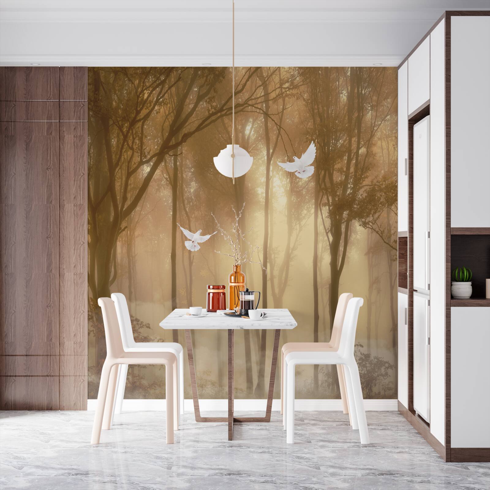 Фотошпалери пролітаючі голуби прорізають туманний покрив