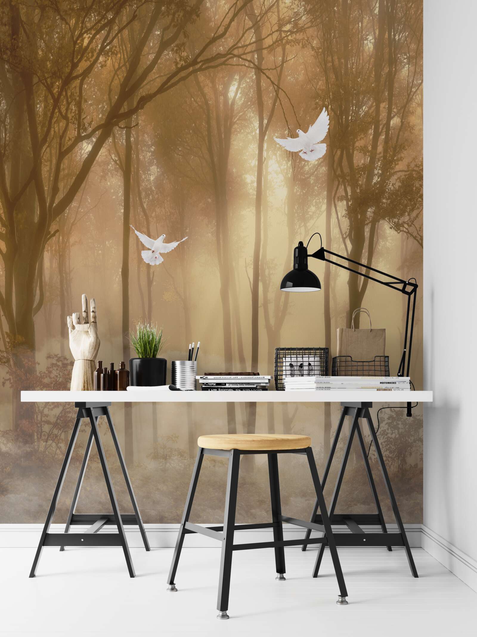 Фотошпалери пролітаючі голуби прорізають туманний покрив