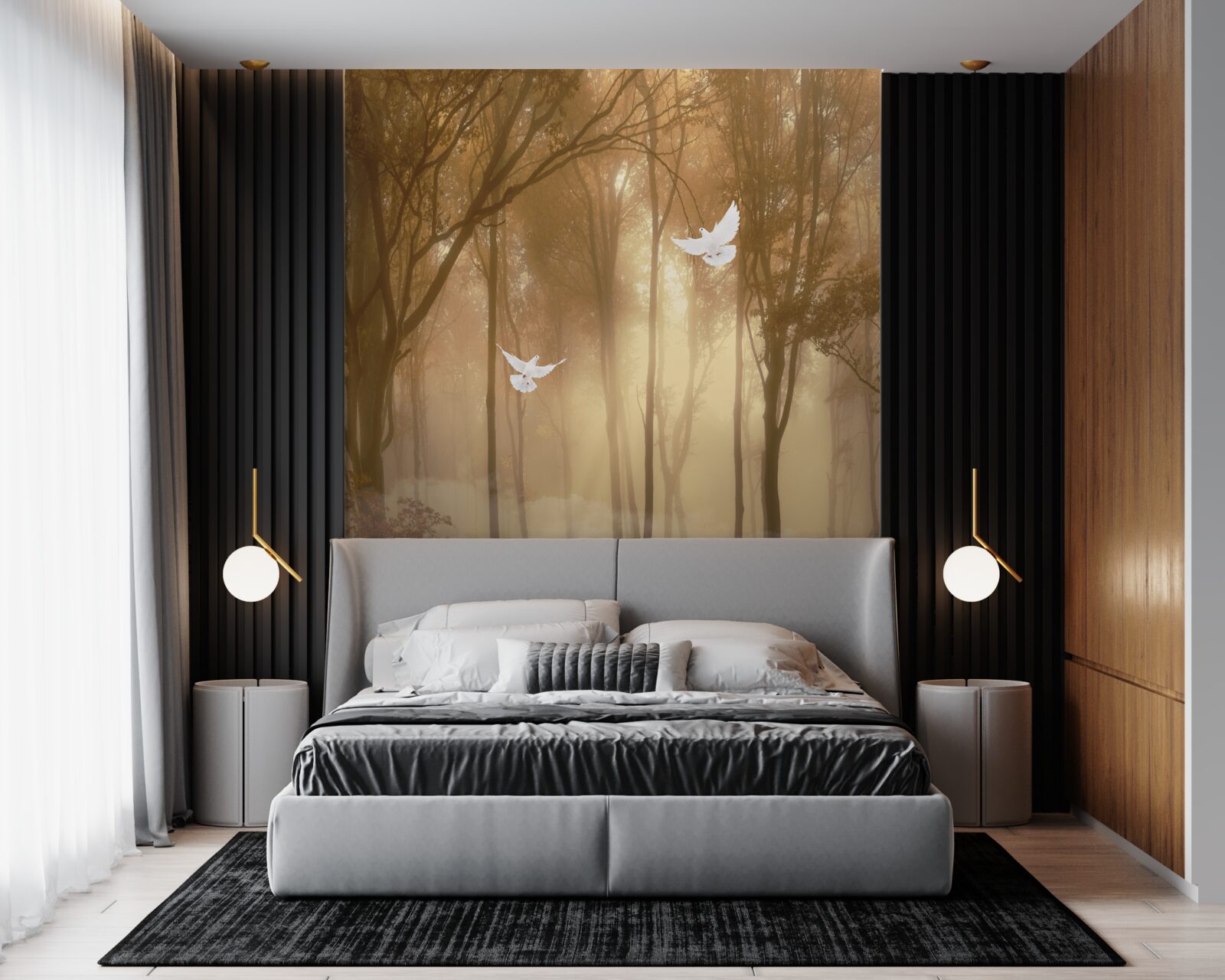 Фотошпалери пролітаючі голуби прорізають туманний покрив