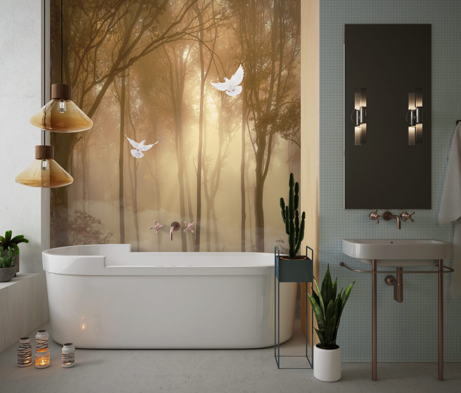 Фотошпалери пролітаючі голуби прорізають туманний покрив