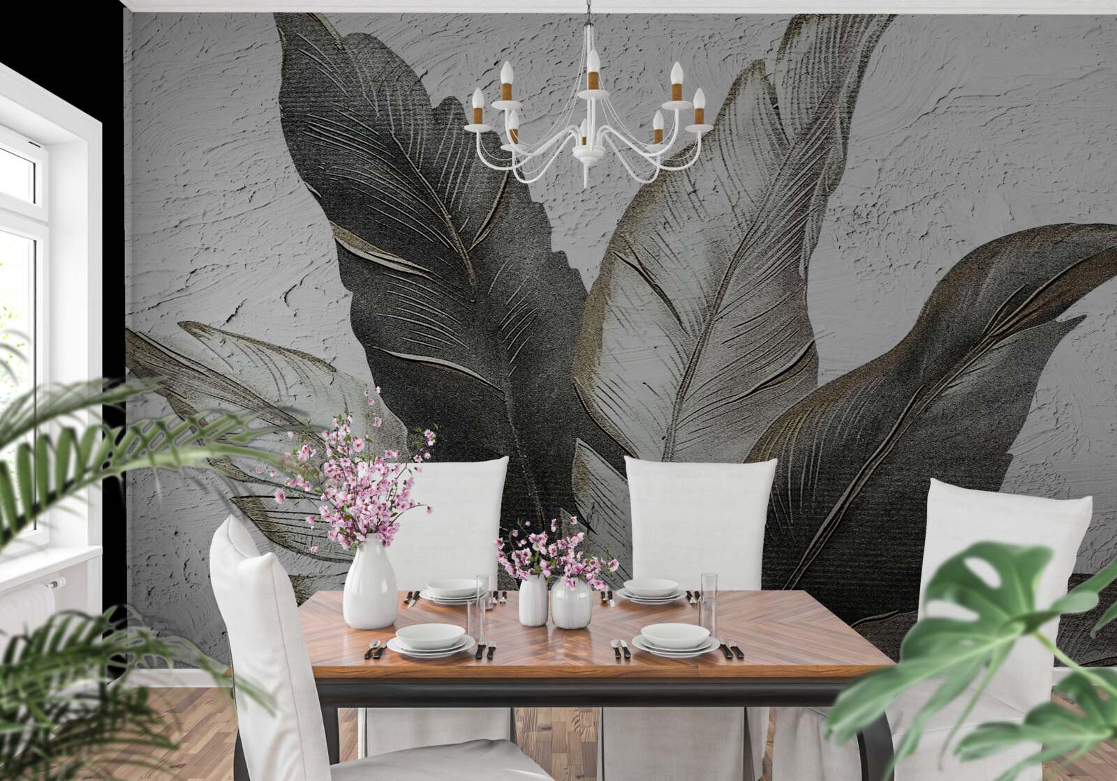 Фотошпалери великі листки зелені та білі