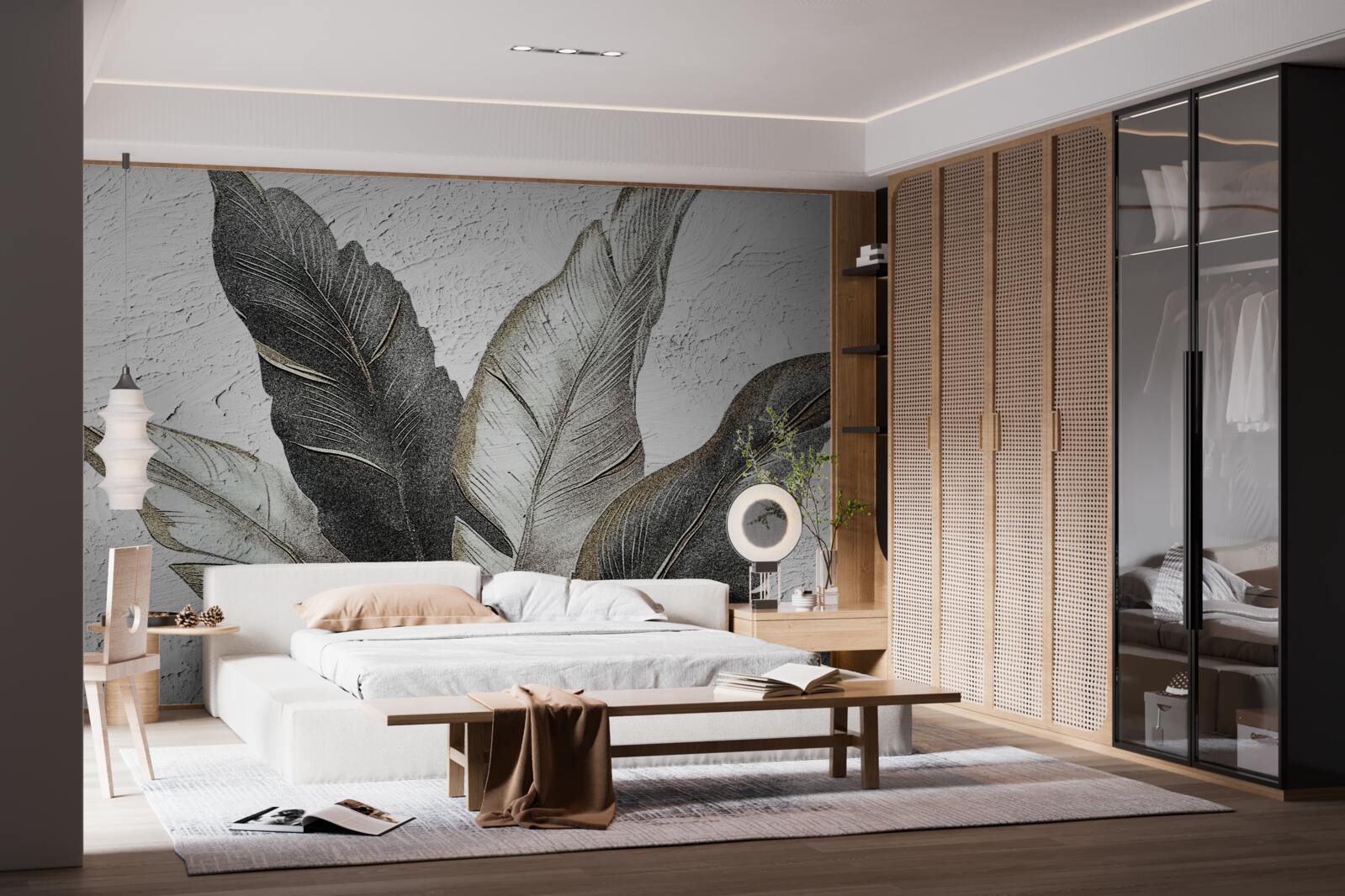 Фотошпалери великі листки зелені та білі