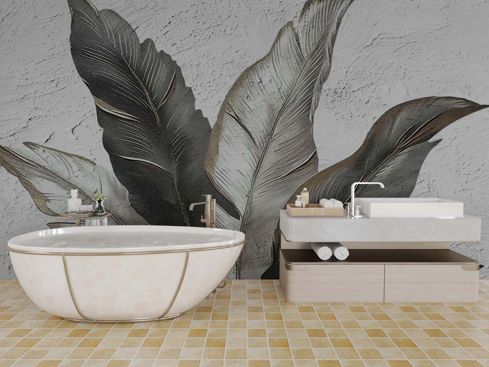 Фотошпалери великі листки зелені та білі