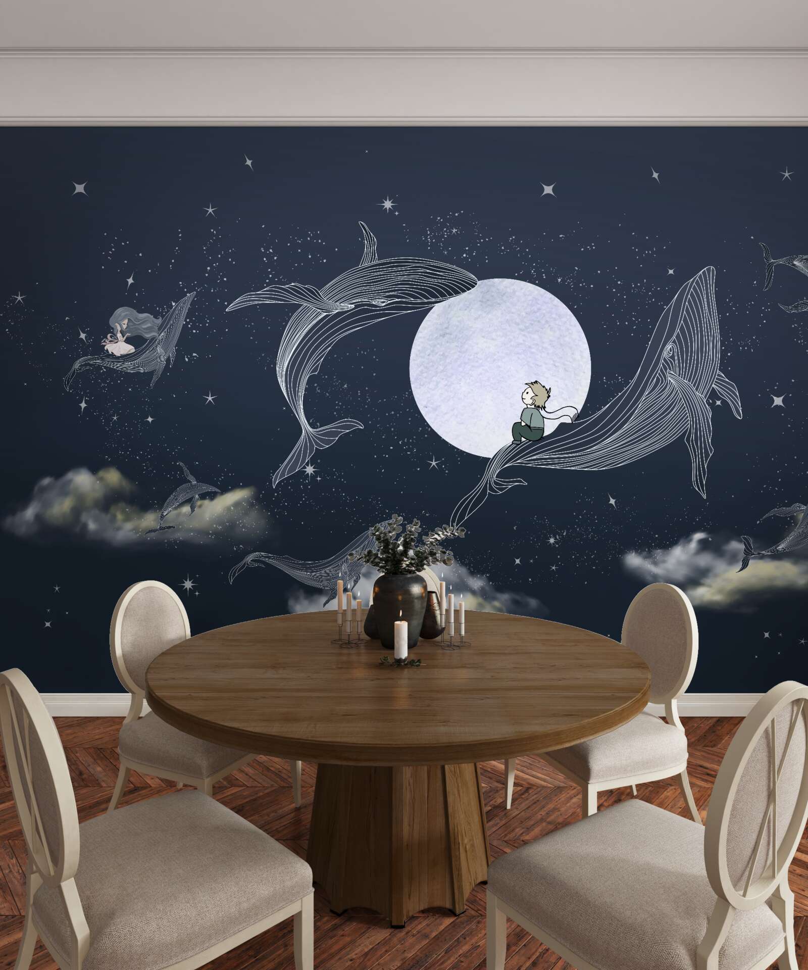 Фотошпалери кити вночі під місяцем