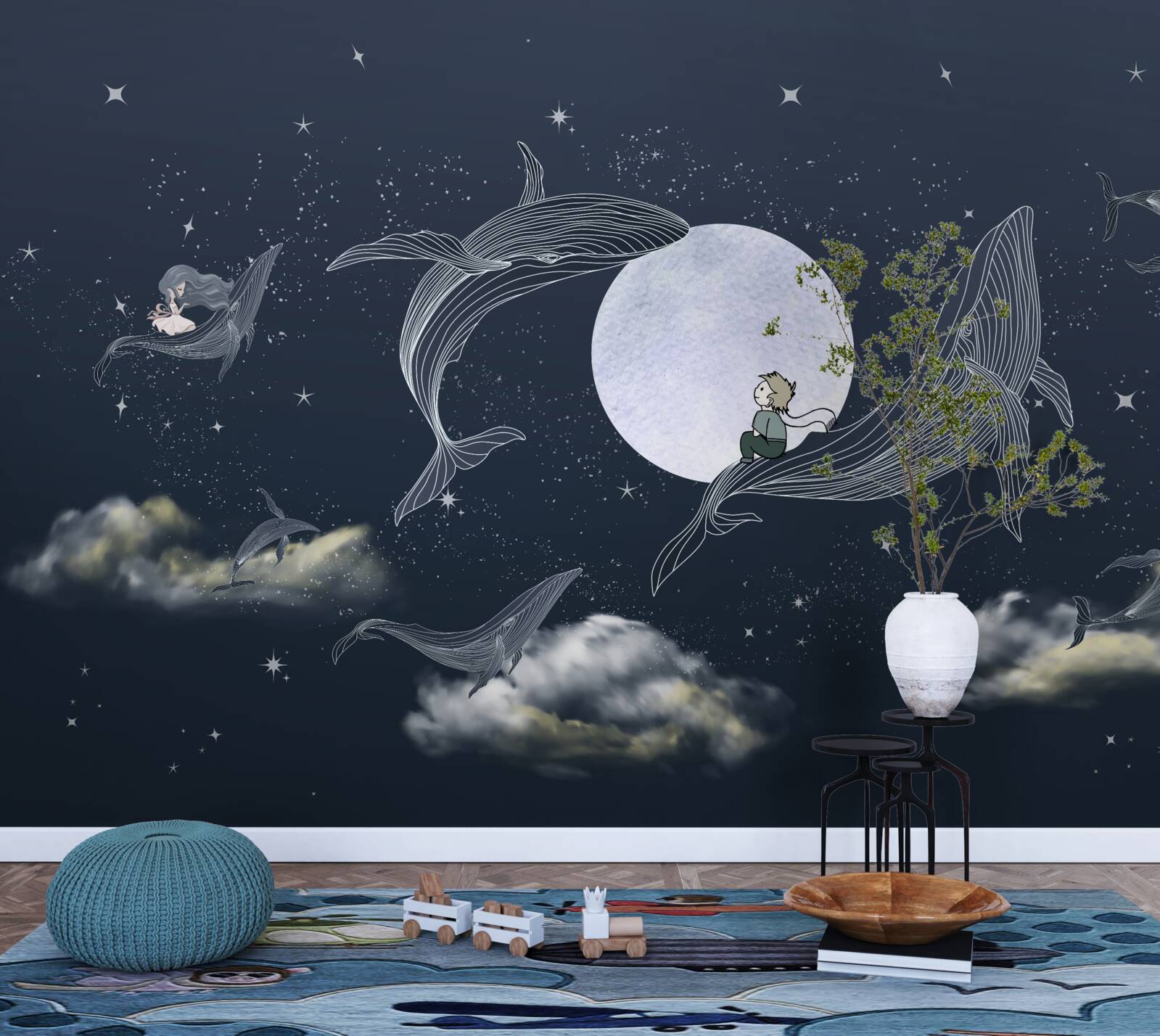 Фотошпалери кити вночі під місяцем