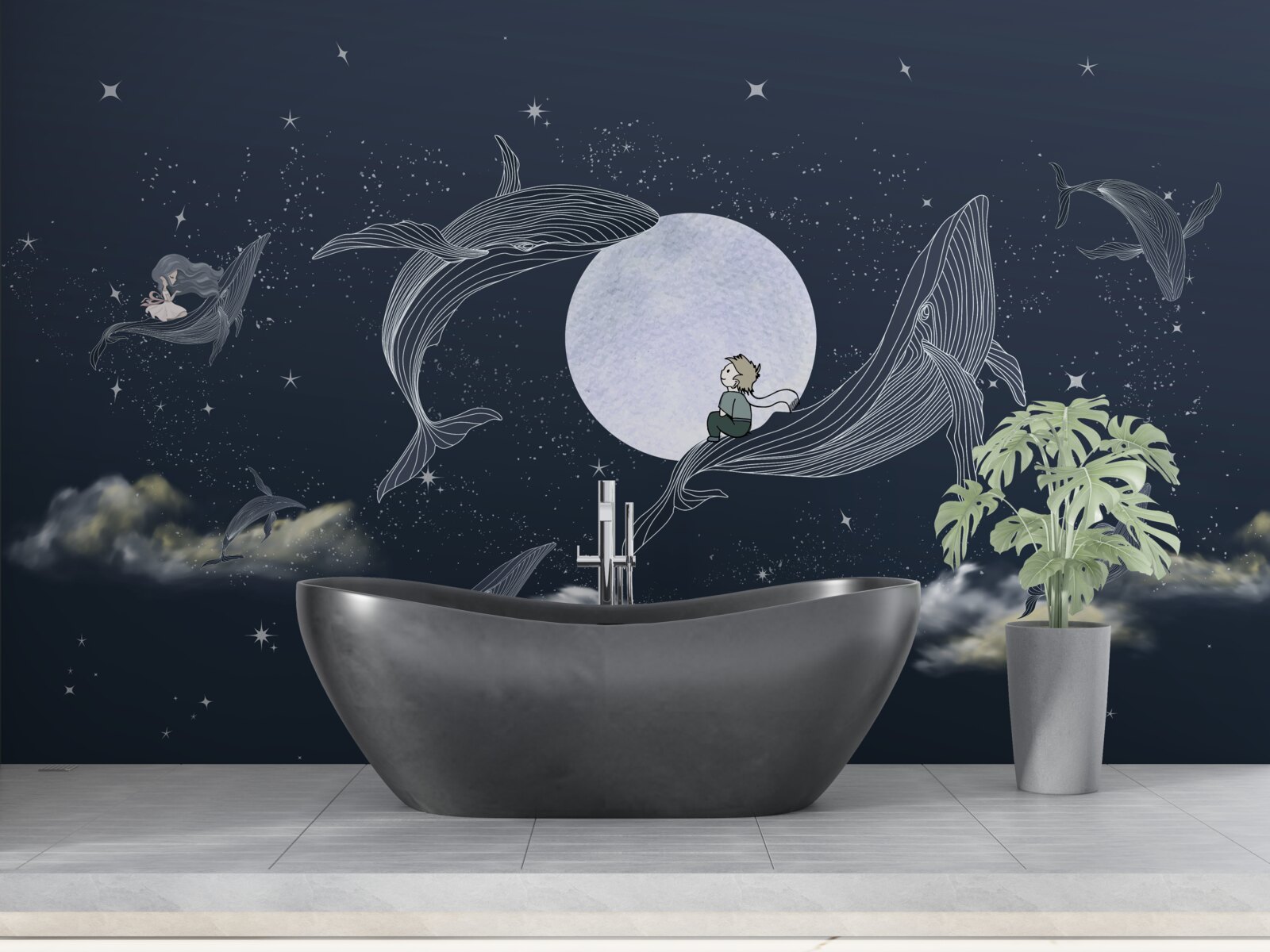 Фотошпалери кити вночі під місяцем