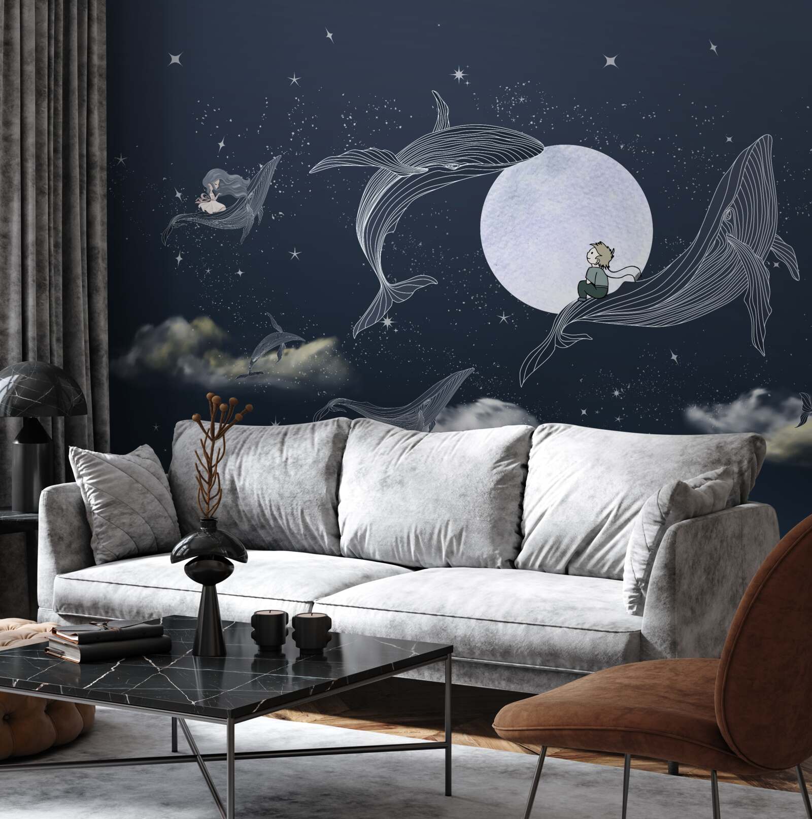 Фотошпалери кити вночі під місяцем