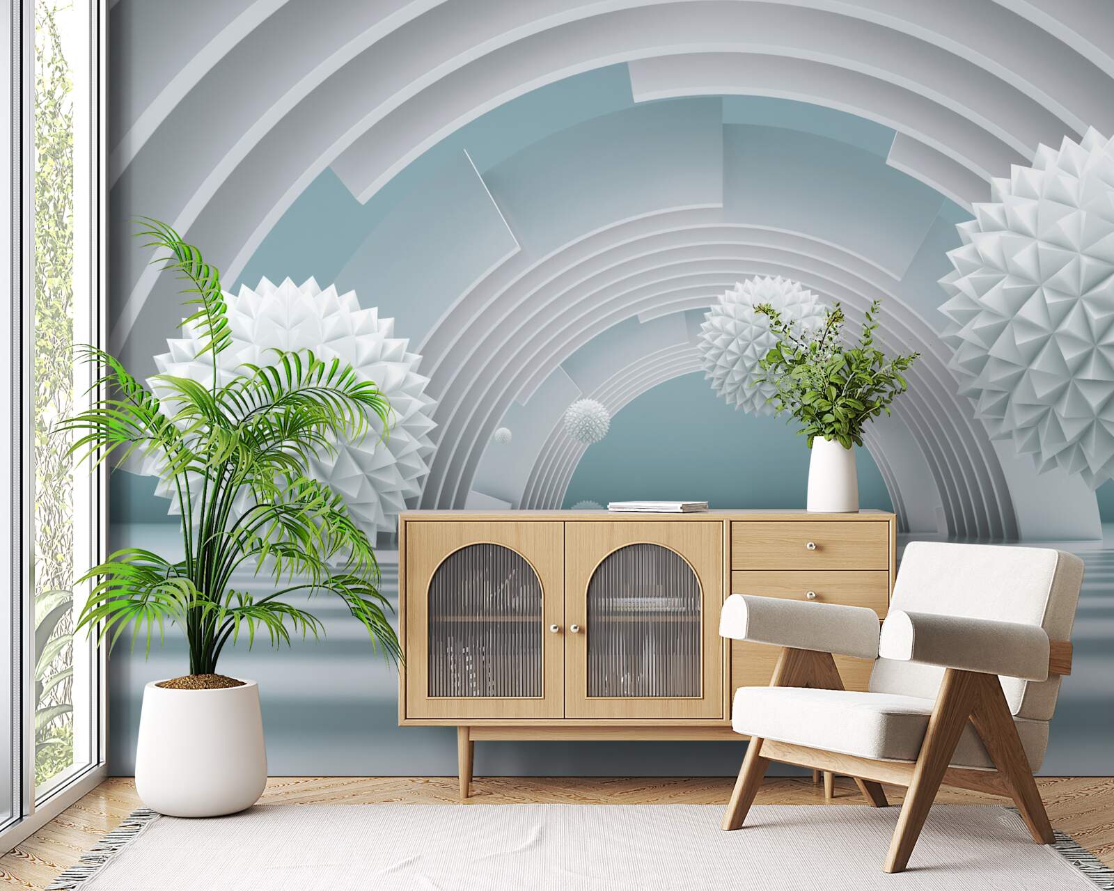 Фотошпалери плаваючі гострі кулі та круглий тунель