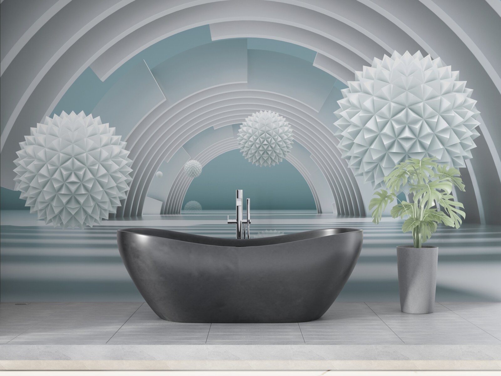 Фотошпалери плаваючі гострі кулі та круглий тунель