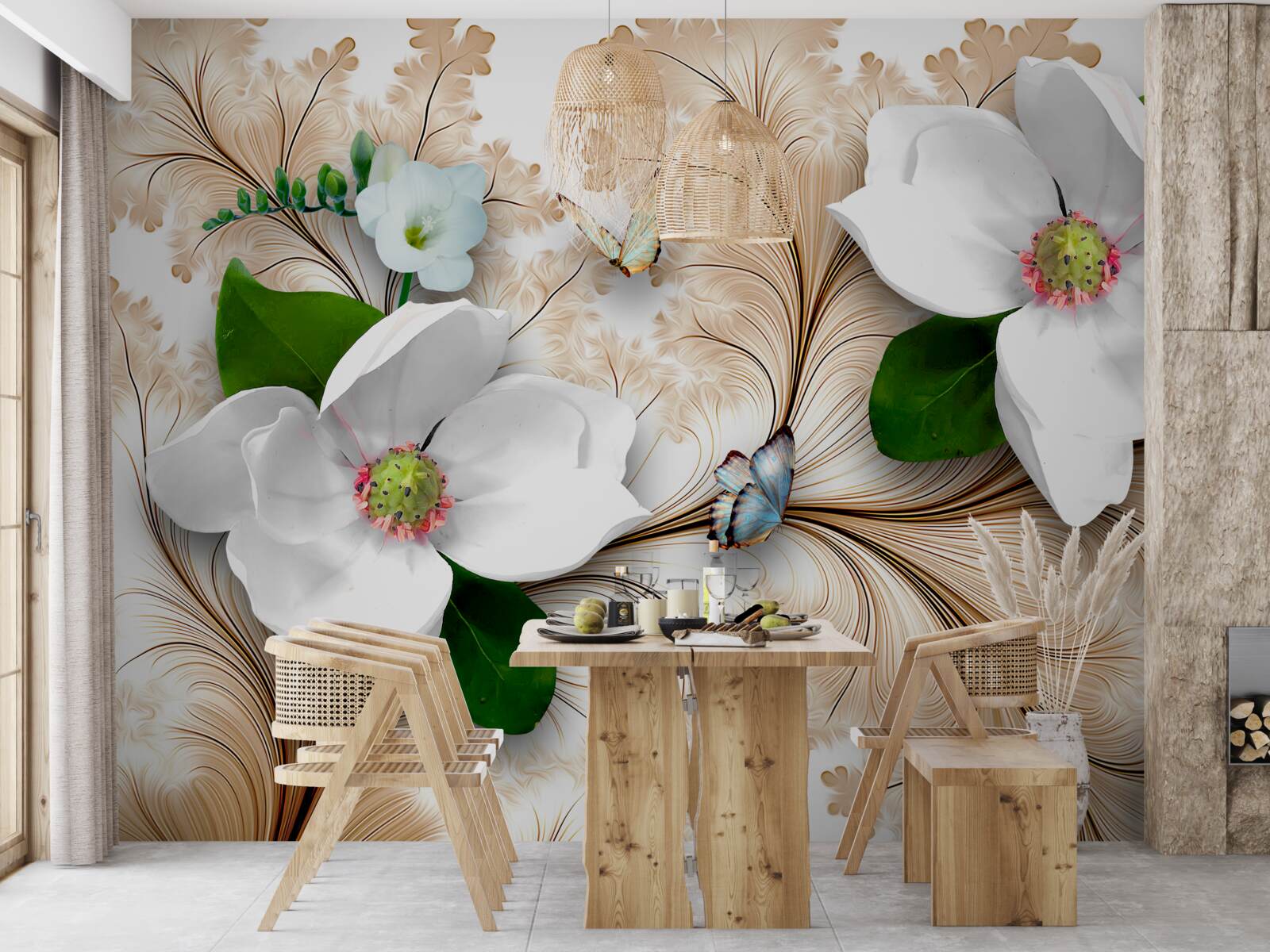 Фотошпалери яскраві білосніжні квіти на коричневому тлі