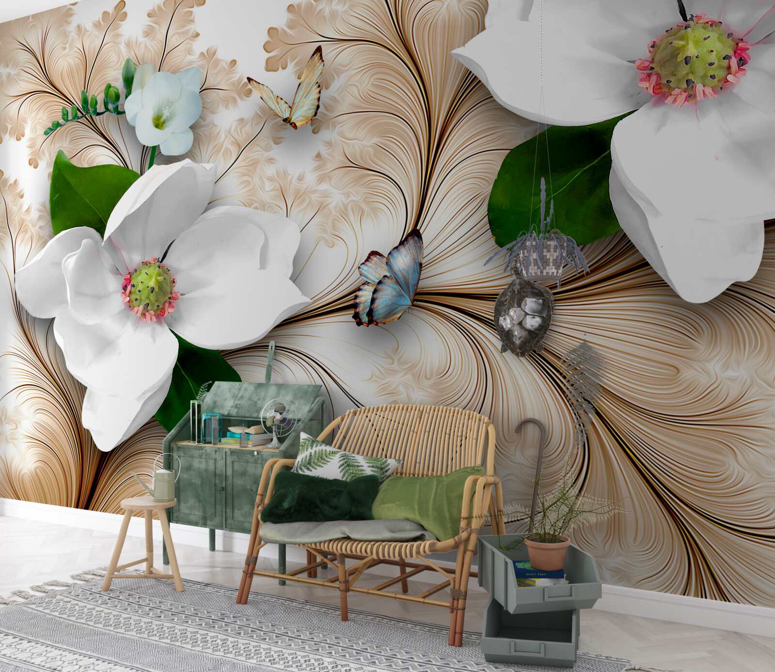 Фотошпалери яскраві білосніжні квіти на коричневому тлі