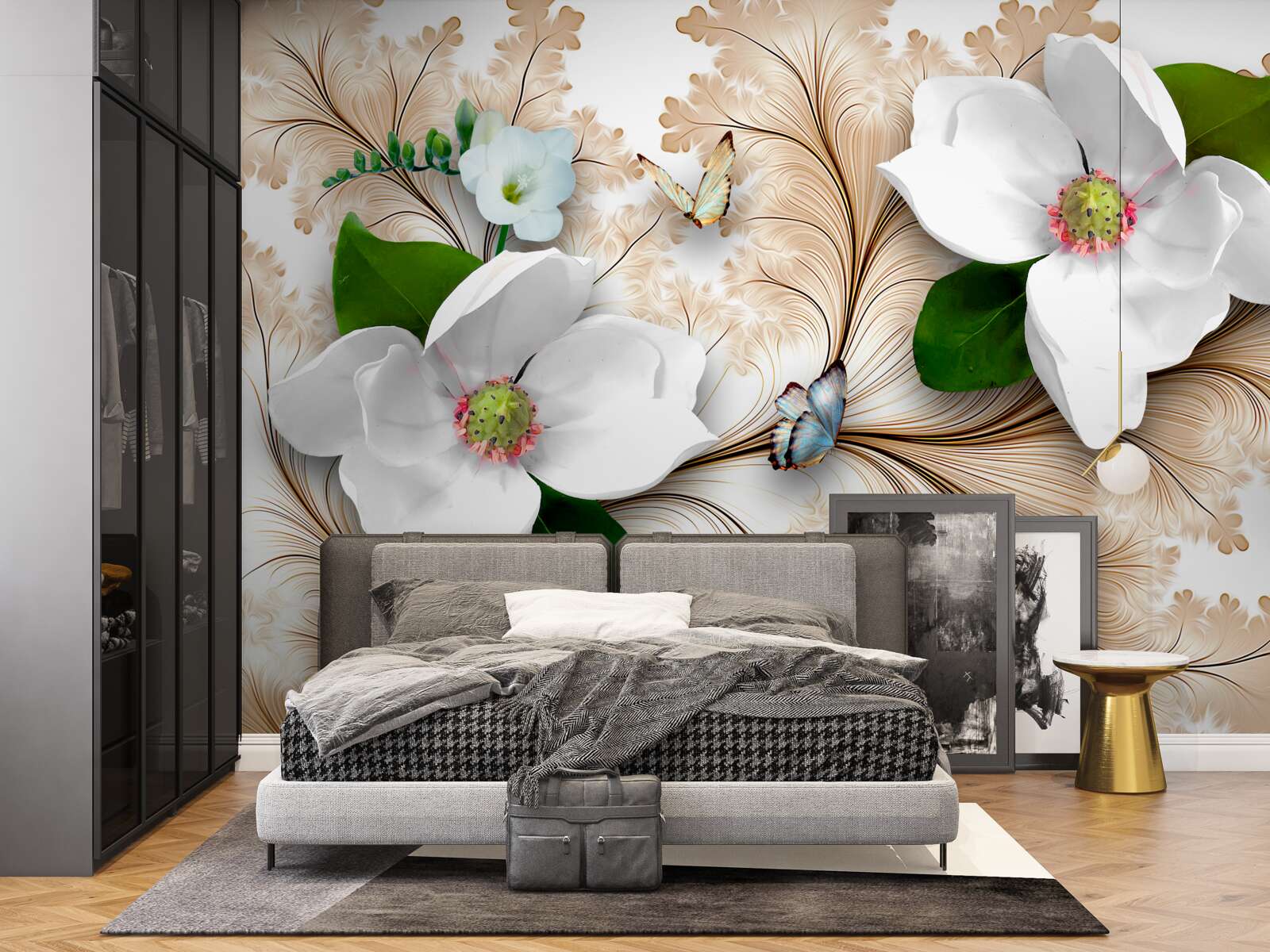 Фотошпалери яскраві білосніжні квіти на коричневому тлі