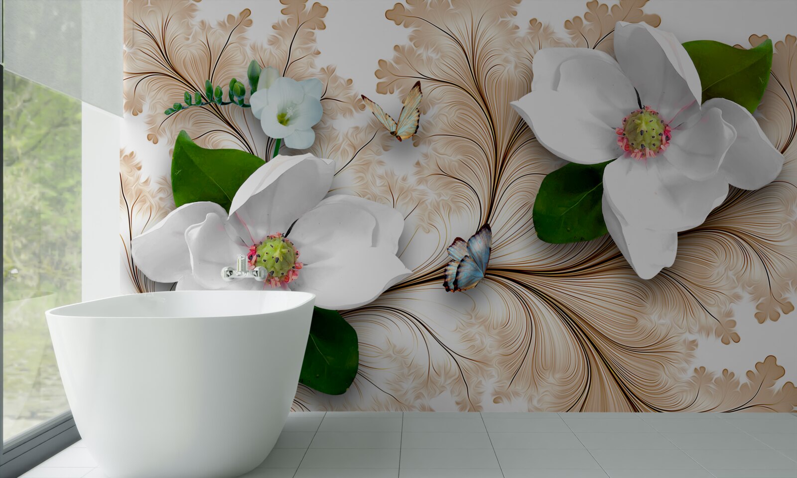 Фотошпалери яскраві білосніжні квіти на коричневому тлі