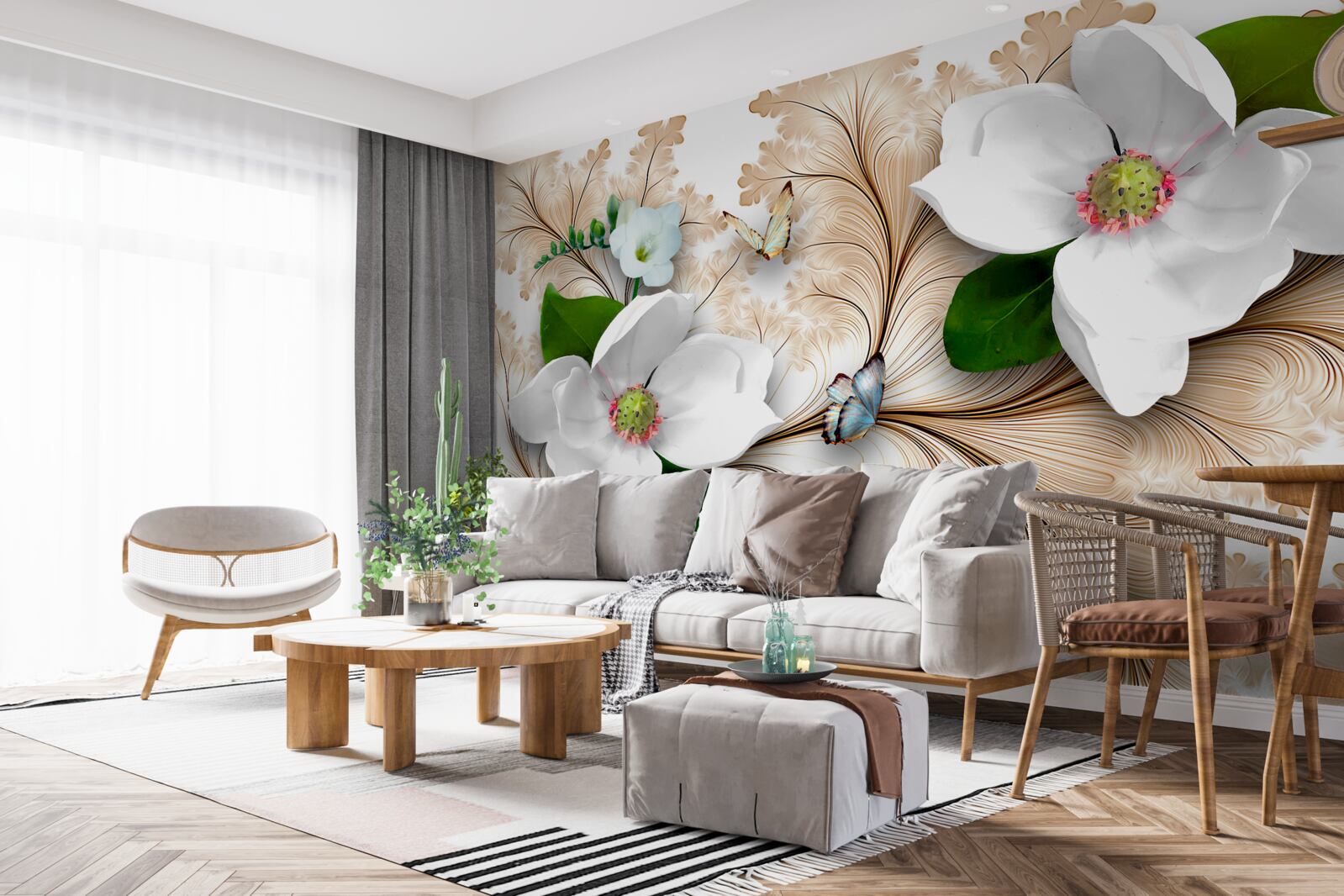 Фотошпалери яскраві білосніжні квіти на коричневому тлі