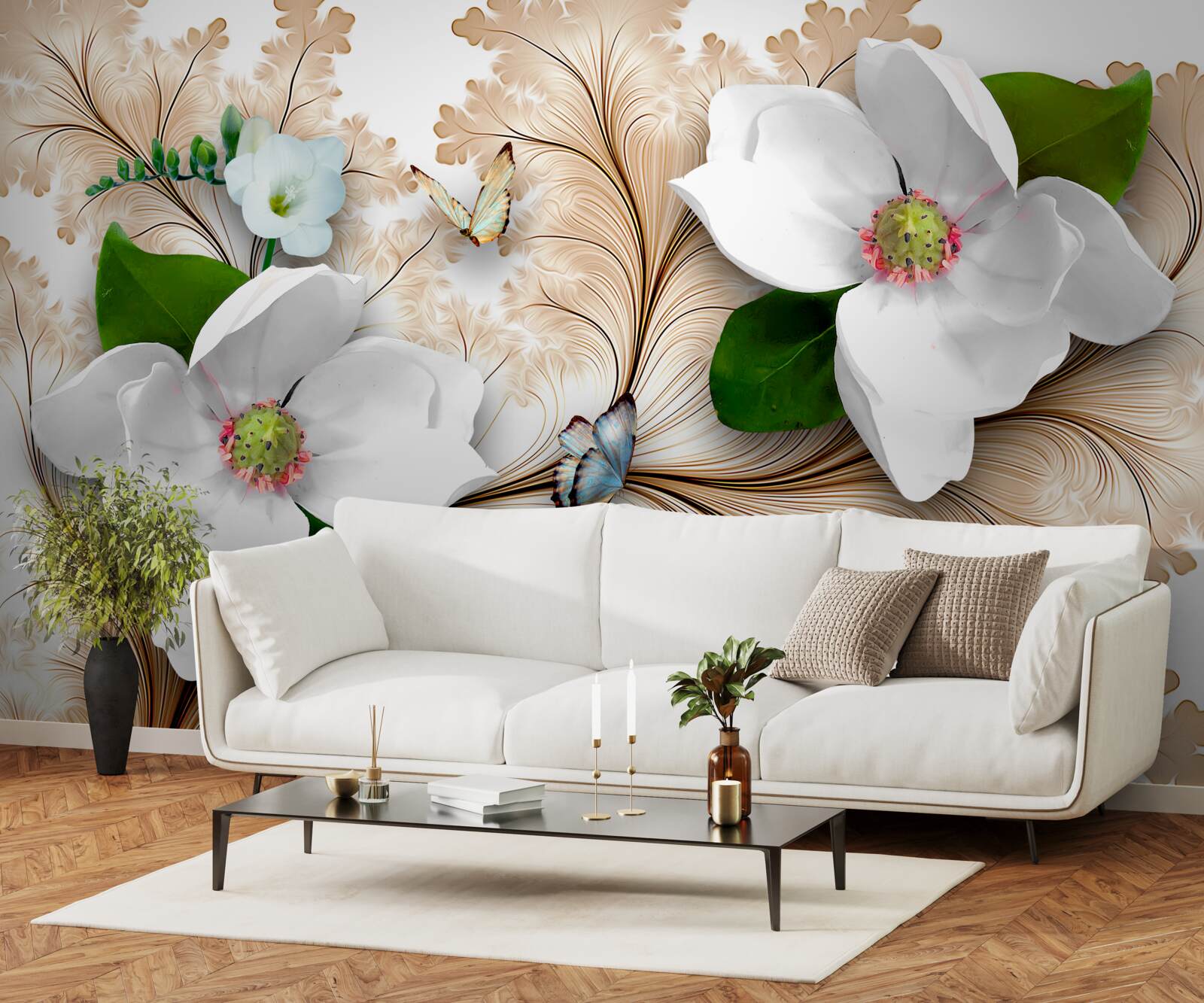 Фотошпалери яскраві білосніжні квіти на коричневому тлі