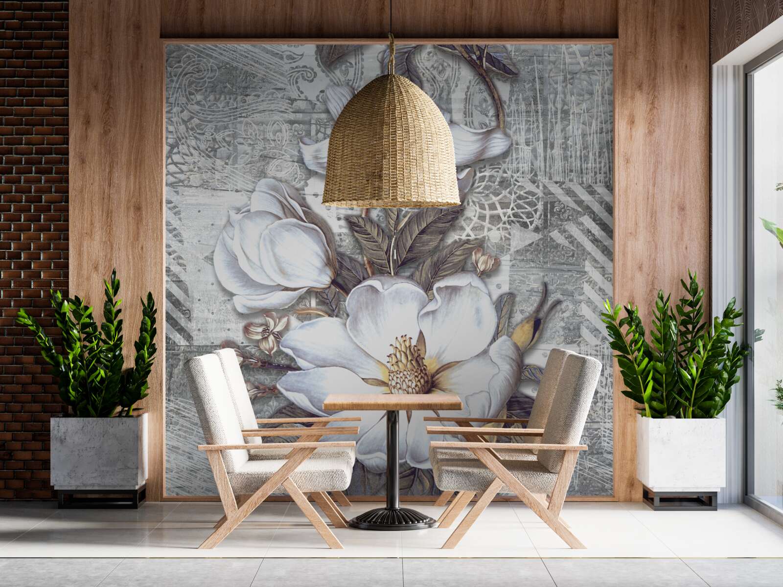 Фотошпалери великі білі квіти на тлі абстрактних візерунків