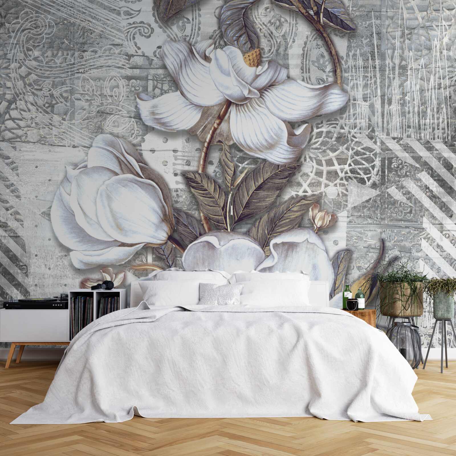 Фотошпалери великі білі квіти на тлі абстрактних візерунків