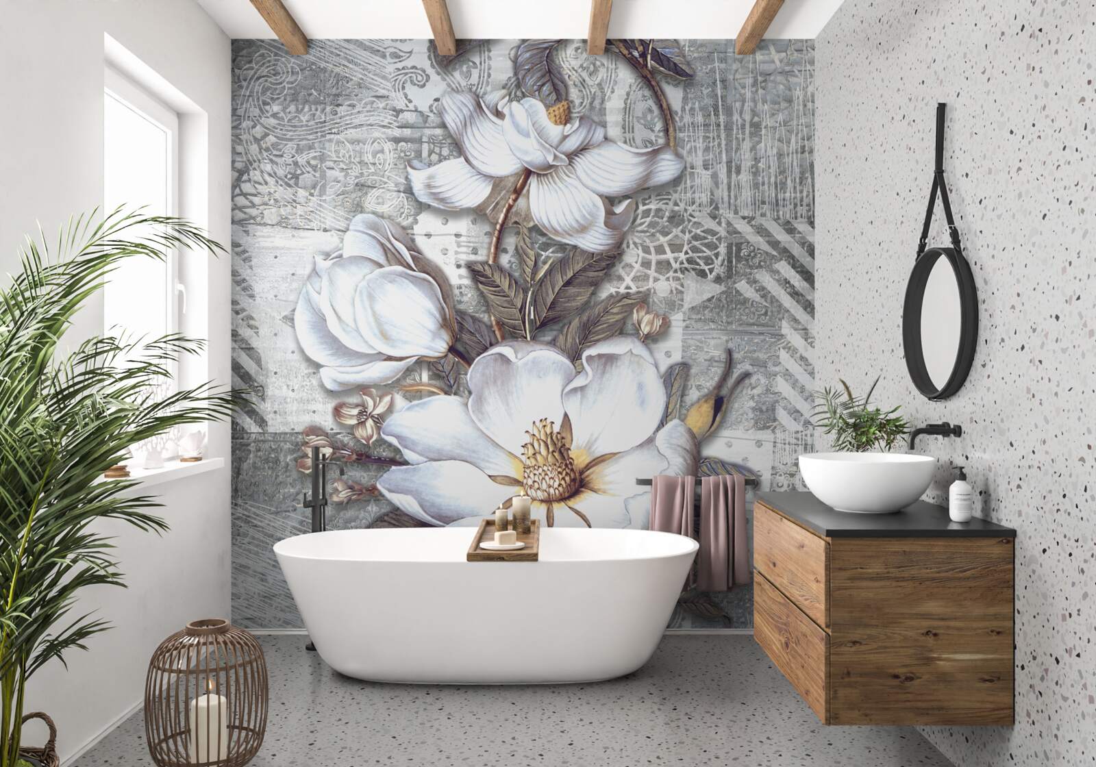 Фотошпалери великі білі квіти на тлі абстрактних візерунків