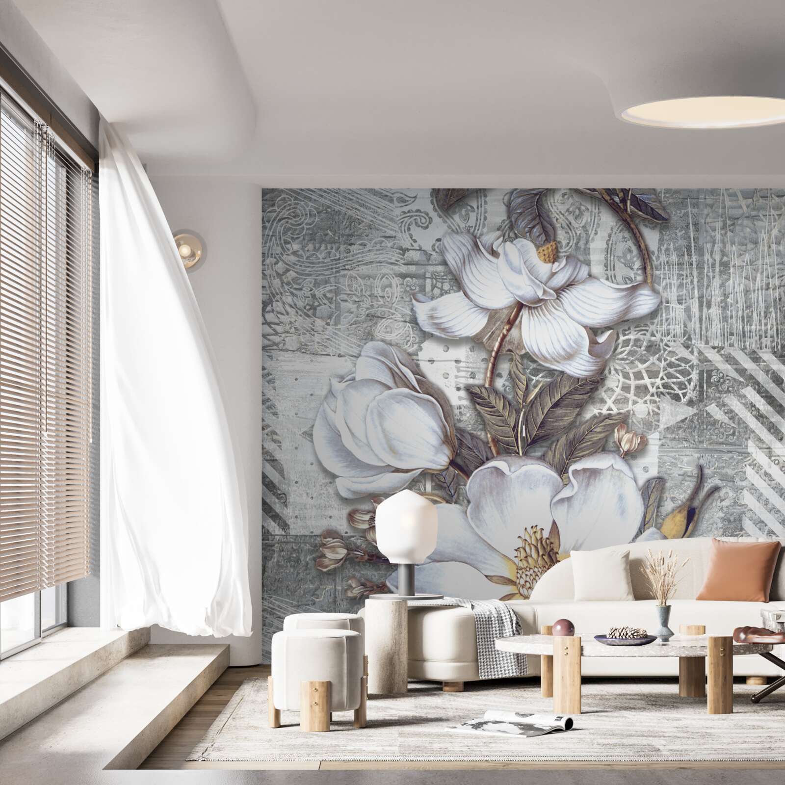 Фотошпалери великі білі квіти на тлі абстрактних візерунків