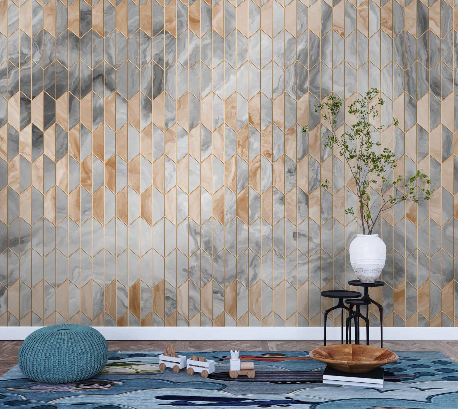 Фотошпалери золотисто-сіра геометрична композиція на мармуровій поверхні