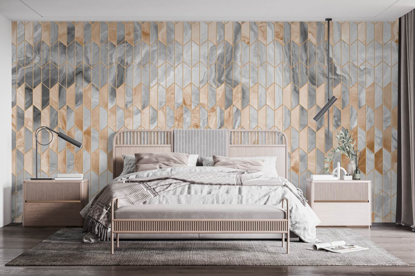 Фотошпалери золотисто-сіра геометрична композиція на мармуровій поверхні