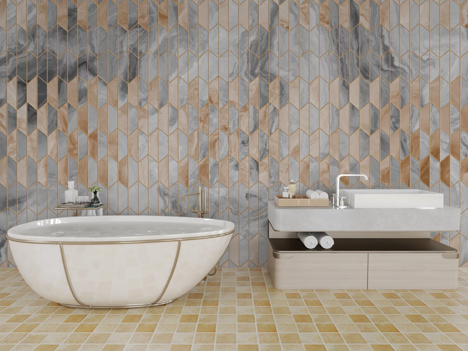 Фотошпалери золотисто-сіра геометрична композиція на мармуровій поверхні