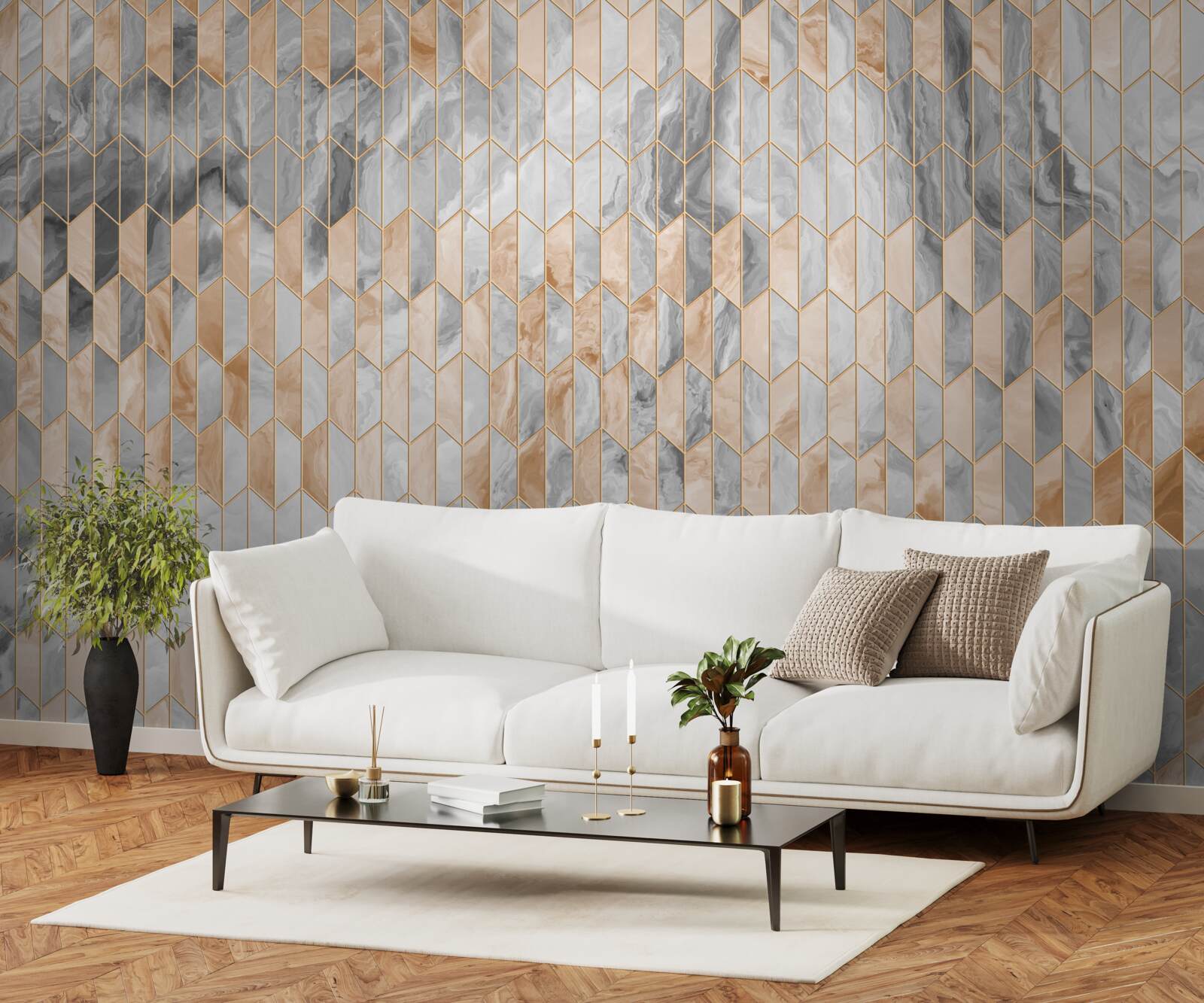 Фотошпалери золотисто-сіра геометрична композиція на мармуровій поверхні