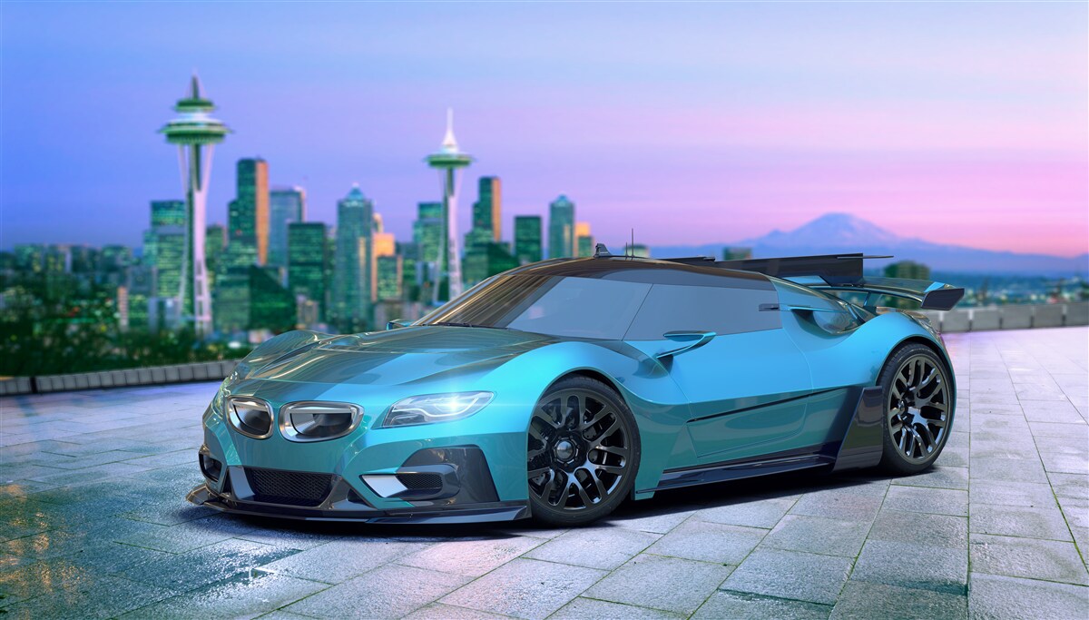 Фотошпалери синій спортивний автомобіль на тлі міського горизонту